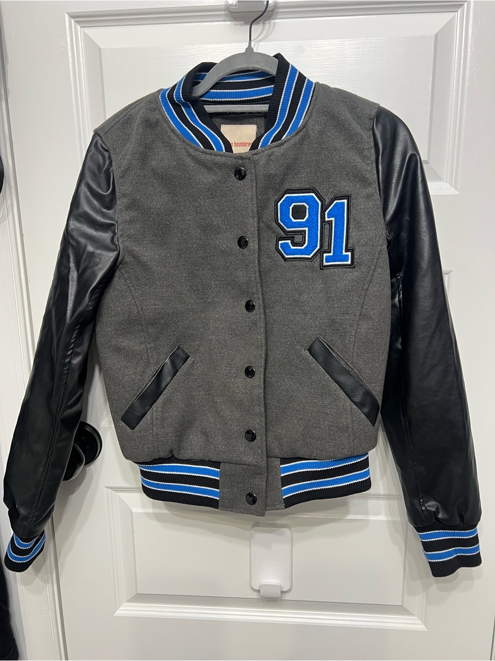 No Boundaries Grey & Black Varsity Jacket with Blue Trim